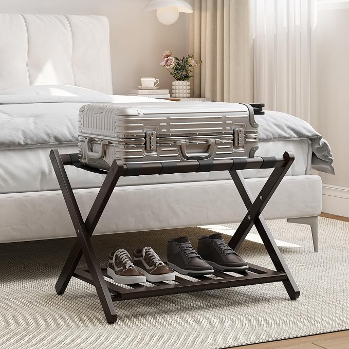 Smart FENDEE Fully Assembled Bamboo Luggage Rack, Folding Suitcase Stand with 5 Nylon Straps, Luggage Holders with Shelf, Ideal for Guest Room, Bedroom, Hotel, Espresso by SmartFENDEE