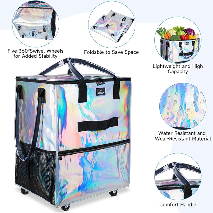 Large Reusable Grocery Bag On 5 Wheels, 130L Foldable Rolling Tote Bag, Heavy Duty Shopping Cart, Multiple Pockets & Heavy Duty Handle, Collapsible Shopping Cart for Groceries Moving, Gradient Silver - Image 6