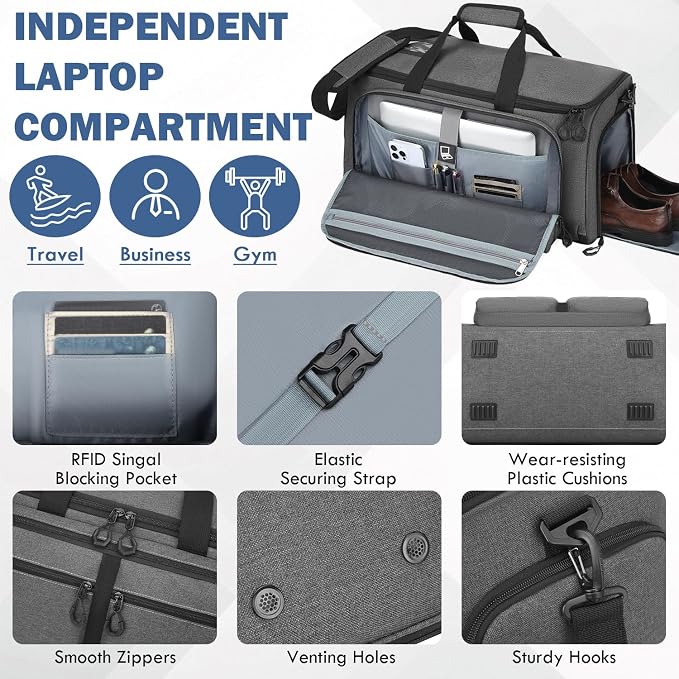 Convertible Garment Duffle Bags for Travel, Garment Bag with Shoe & Laptop Compartment, 2 in 1 Carry on Suit Garment Bags for Men Women, All in One Hanging Suit Travel Bag for Airplanes, 55L - Image 4