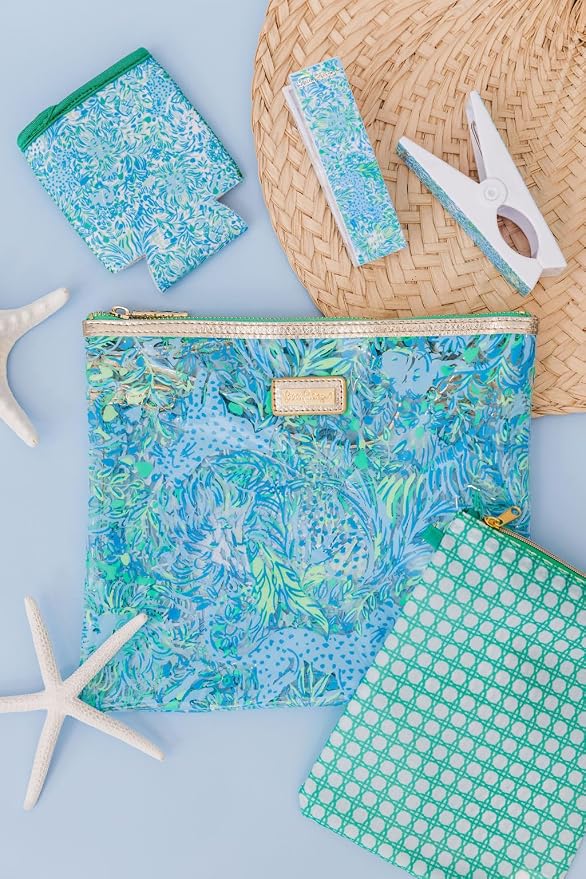 Lilly Pulitzer Water Resistant Vinyl Beach Day Pouch, Zipper Bag Includes Drink Hugger, Small Pouch, and Towel Clips - Image 2