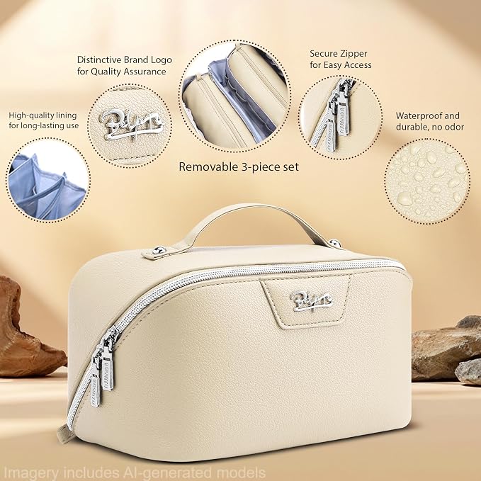 BOYATU Travel Makeup Bag Cosmetic Bags for Women: Large Capacity 3 Pcs Set Make up Bag with Compartments - Waterproof Vegan Leather Toiletry Organizer Bags with Handle (L27Off-white) - Image 2