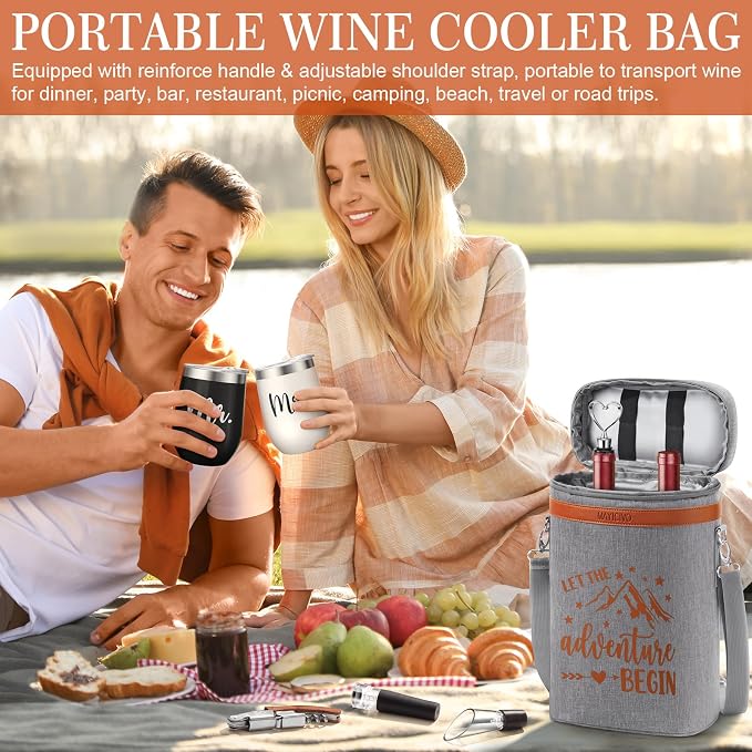Wedding Gifts for Couples, Mr and Mrs Wine Tumblers Gifts - Engagement, Bridal Shower, Newlywed, His & Hers, Valentines Day, House Warming-Insulated Wine Cooler Tote Bag w/ Wines Accessories Gift Set - Image 7
