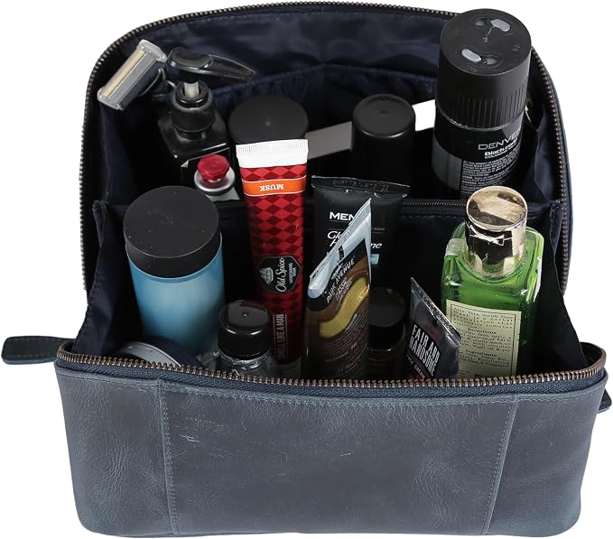 KomalC Luxury Leather Men’s Toiletry Travel Bag – Handmade Shaving Kit with Waterproof Interior, Spacious Storage & Carry Handle – leather travel Kit Bag for Men & Women (Blue) - Image 4