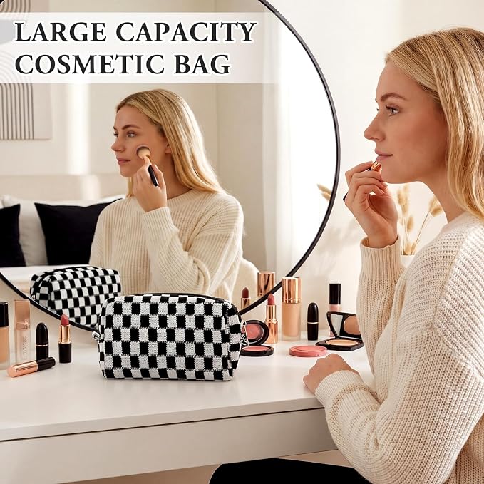 Gilprop 8 Pcs Checkered Makeup Bag for Purse Small Cosmetic Pouch Bulk Portable Zipper Makeup Pouch Travel Toiletry Organizer Gifts for Women Bridesmaid Wedding Party Favors (Black) - Image 5
