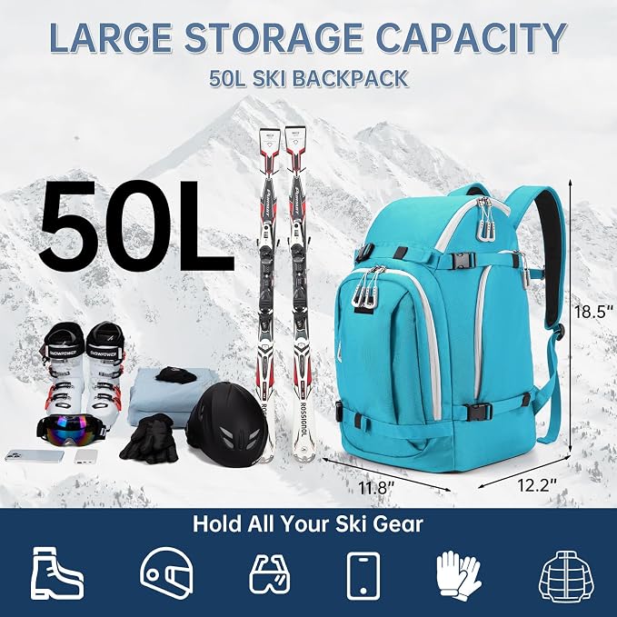 Ski Boot Bag, 50L Ski Boot Travel Backpack for Skis, Snowboard & Accessories, Waterproof Padded Ski Boot Bag Backpack - Image 2
