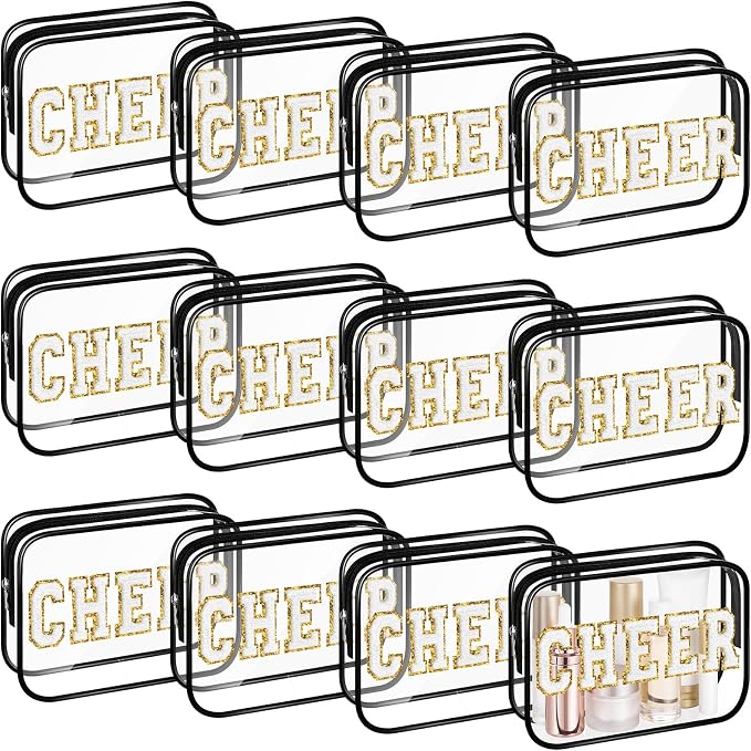 Kacctyen 12 Pack Cheer Clear Makeup Bags Bulk with Chenille Cheer Letter Patches Small Waterproof Cosmetic Pouch Zipper Travel Toiletry Bag Organizer for Women Girls Cheerleading Team Gift, Black by Kacctyen