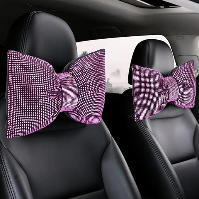 2 PCS Bling Car Pillows,Rhinestones Bowknot Car Headrest Pillow,Pink | Car Neck Pillow for Driver Relax Neck Support,Sleeping Travel Support Neck Pillow,Diamond Interior Accessories for Women by ChuLian