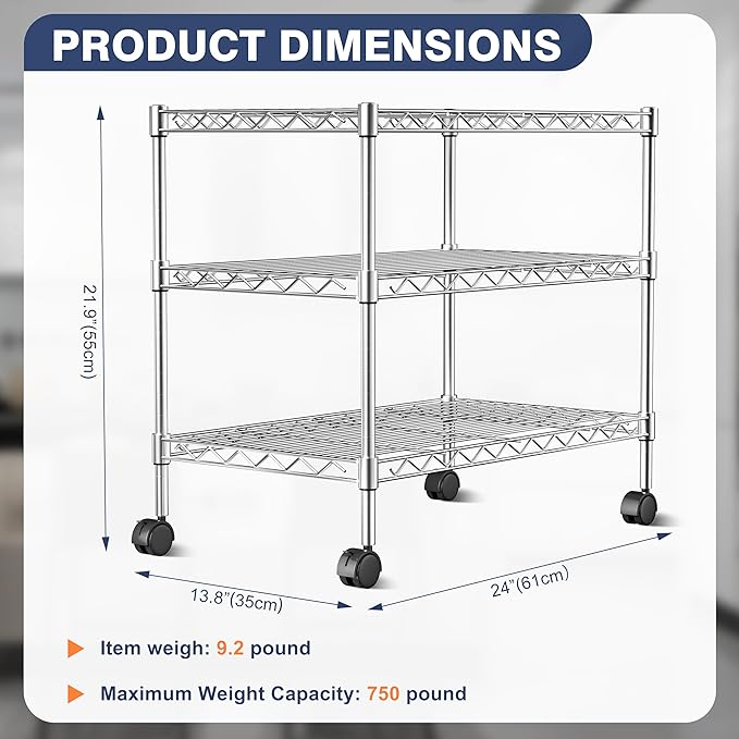 750lbs 3-Tier Wire Shelf Rack,24" Dx14 Wx22 H,Kitchen Metal 3-Shelves Rack with Lockable Wheels,Height Adjustable Wire Shelving Unit and Storage for Living Room,Laundry,Office,Pantry,Studio - Image 3