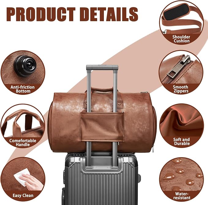 Leather Garment Bag，Convertible Garment Duffel Bag for Travel Mens Suit Bag 2 in 1 Waterproof Foldable Carry on Garment Bag with Shoulder Strap Weekender Bag with Shoe Pouch - Image 5