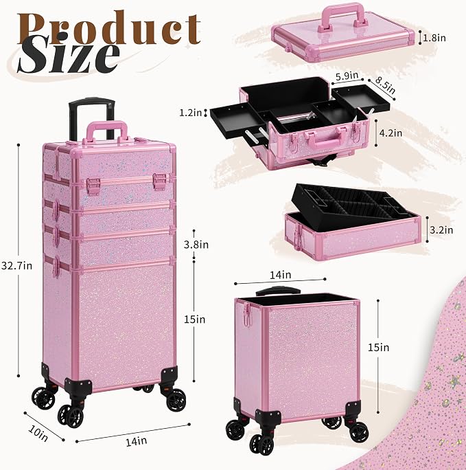AROUS Rolling Makeup Train Case Large Storage Cosmetic Trolley 5 in 1 Large Capacity Trolley Makeup Travel Case with Key Swivel Wheels Salon Barber Case Traveling Cart Trunk, Pink - Image 3