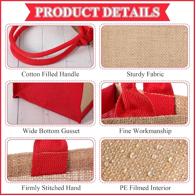 Saintrygo 12 Pcs Burlap Jute Tote Bags with Handle Reusable Blank Bridesmaid Gift Bags for Shopping Wedding DIY, 12x12x7.7In(Jute and Red) - Image 3