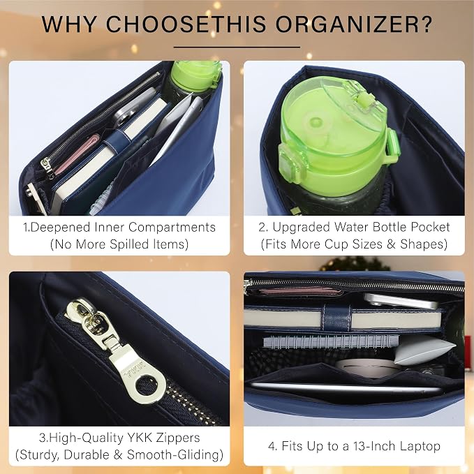 Soft Nylon Purse Organizer Insert for Longchamp Le Pliage L Tote Bag,Lightweight Luxury Long Champ Large Tote Divider Shaper with Cup Holder,Bags Inner Linner with 7 Deepened Pockets,L/Navy Blue - Image 4