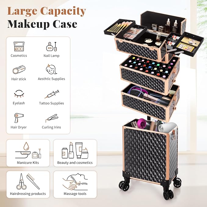 AROUS Rolling Makeup Train Case 4 in 1 Cosmetology Case on Wheels Large Storage Cosmetic Trolley with Key Salon Barber Case Traveling Cart Trunk,Gold&Black - Image 5