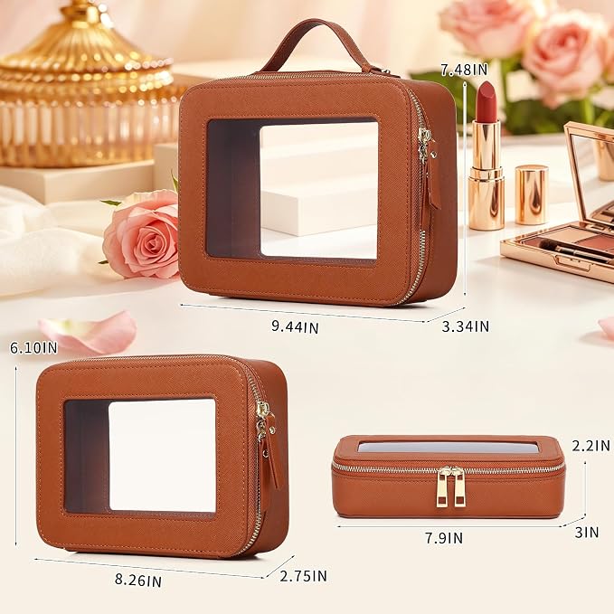 Travel Makeup Set, Brown, L+M+SLIM | Waterproof, Transparent Cosmetic Bag, Toiletry Bag, Makeup Brush Case with Zipper, Car Essentials for Women - Image 3