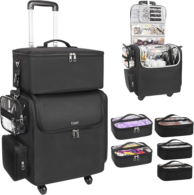 Relavel Rolling Makeup Train Case with Large Makeup Case, Hairstylist Traveling Bags with 5 Small Clear Bags, Cosmetology Case on Wheels, Hair Tools and Cosmetics Storage Organizer Trolley Suitcase by Relavel