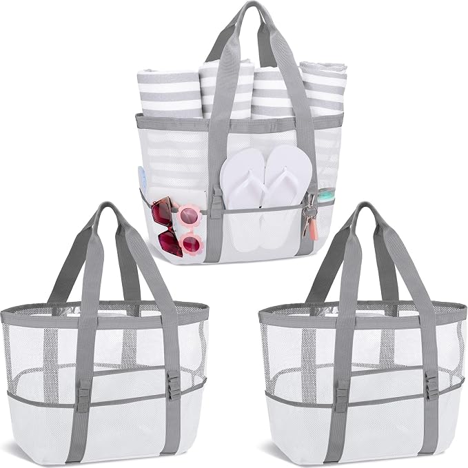 Hillban Large Beach Mesh Bags Bulk for Women Beach Tote Bag with 8 Pocket Zipper Waterproof Sandproof for Pool Cruise Ship by Hillban
