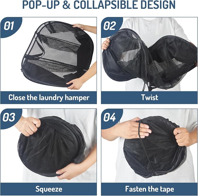 Seiritex Mesh Popup Laundry Hamper 3 Compartment Sortable Horizontal Collapsible Laundry Basket for Clothes Laundry Room Bedroom Toys Travel (Black) - Image 4