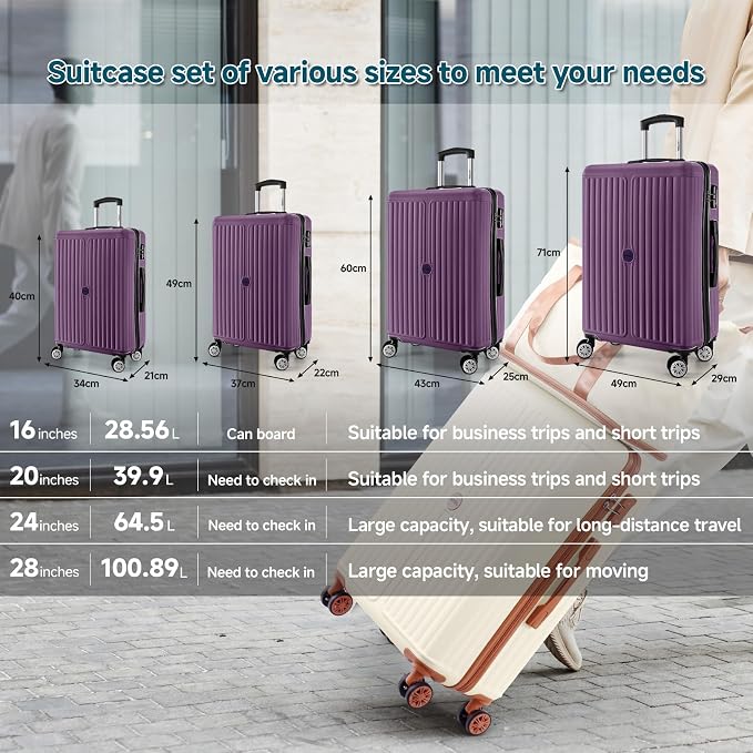 Hoteel 20Inch Luggage 3-piece Set, 360° Universal Suitcases with Wheels Hard Shell Suitcase with TSA Lock, Including Waterproof Luggage Bag, Travel Maletas for Men and Women,Purple - Image 8