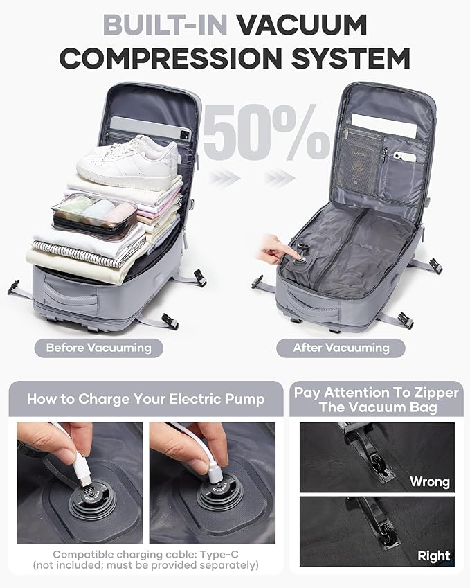coofay Vacuum Backpack Travel with Pump Vacpack Travel Backpack with Vacuum System Mochila de Viaje Compresion al Vacio Easyvacpack Airbag Backpacks for Traveling Carry on Luggage - Image 2