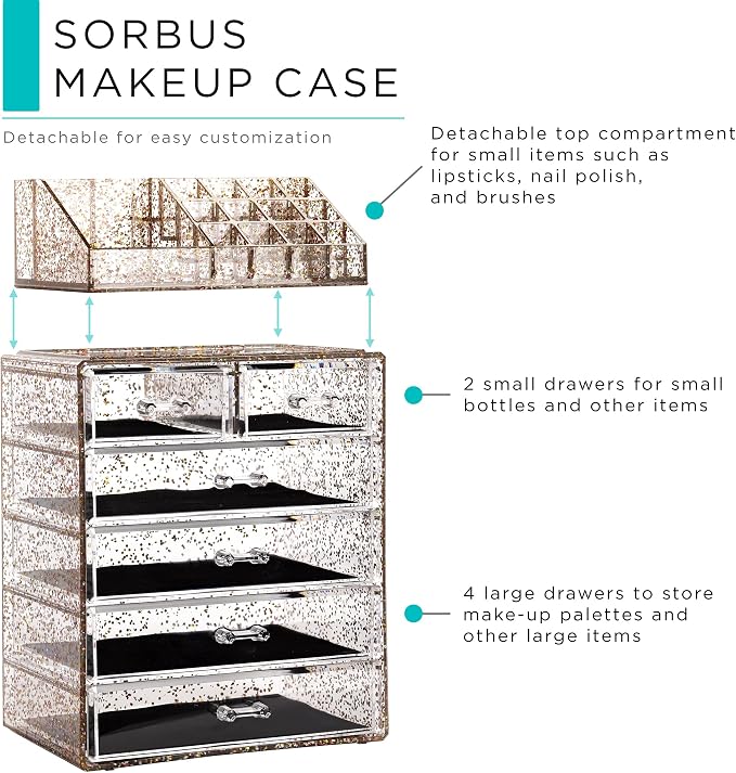 Sorbus Acrylic Makeup Organizer Set, 6-Drawer Vanity & Countertop Cosmetic Storage with Small & Wide Compartments, Glitter Makeup Storage for Brushes, Jewelry – Holiday Gift for Women & Teens - Image 4