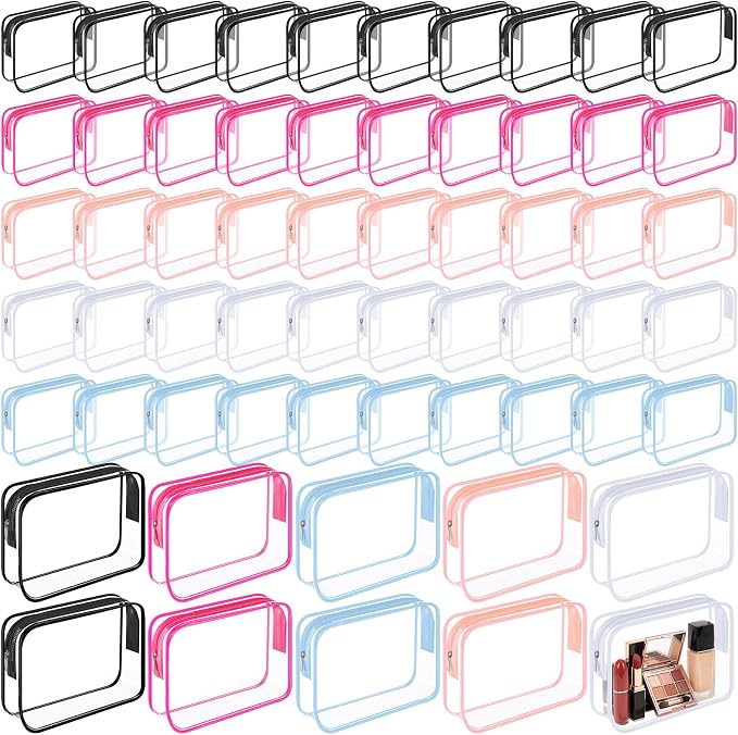Sanwuta 100 Pcs Clear Makeup Bags Bulk Toiletry Bag for Travel Transparent Cosmetic Bag PVC Waterproof Travel Small Pouches with Zipper for Men and Women (Black,White,Bright Colors) by Sanwuta