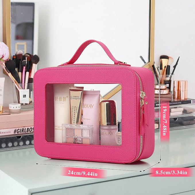 Pinkmik Clear Makeup Bag Waterproof Travel Case for Cosmetics and Toiletries Women's Makeup Organizer and Car Bag with Zipper (X/Fuxia, L) - Image 3