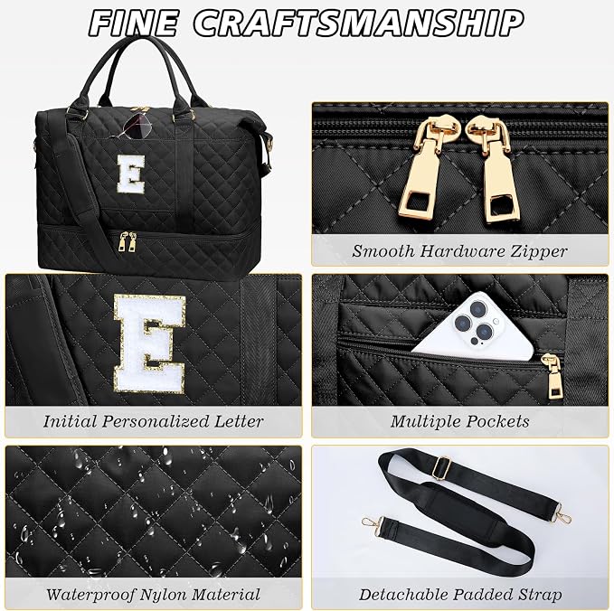 Gifts for Women Girls Initial Travel Duffle Bag Quilted Weekender Carry-On Overnight with Cosmetic Bag, Gym Bag with Shoe Compartment, Black E - Image 7