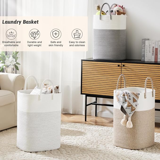 Laundry Basket,Woven Cotton Rope Laundry Hamper,Versatile Storage for Dirty Clothes,Baby Toys,and Blankets in Bathroom, Nursery,and Living Room (Brown, 60L) - Image 4