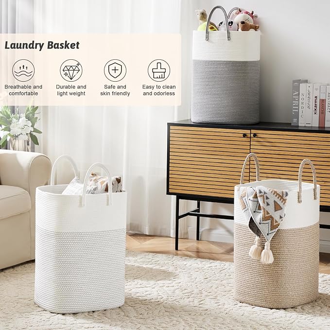 Laundry Basket,Woven Cotton Rope Laundry Hamper,Versatile Storage for Dirty Clothes,Baby Toys,and Blankets in Bathroom, Nursery,and Living Room (White, 100L) - Image 4
