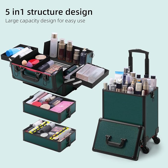 Somduy Makeup Train Case, Rolling Makeup Case with Lid, 5 in 1 Cosmetology Case on Wheels, Christmas Gift, Large Makeup Case Organizers, Profesional Cosmetic Case for Salon Barber, Black Green - Image 4