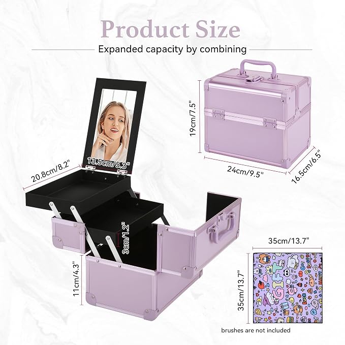 Makeup Train Case, Portable Makeup Case with Mirror, 2-Trays Cosmetic Organizer Case,Nail Polish Organizer, Travel Makeup Box, Profesional for Salon Barber, Purple - Image 3