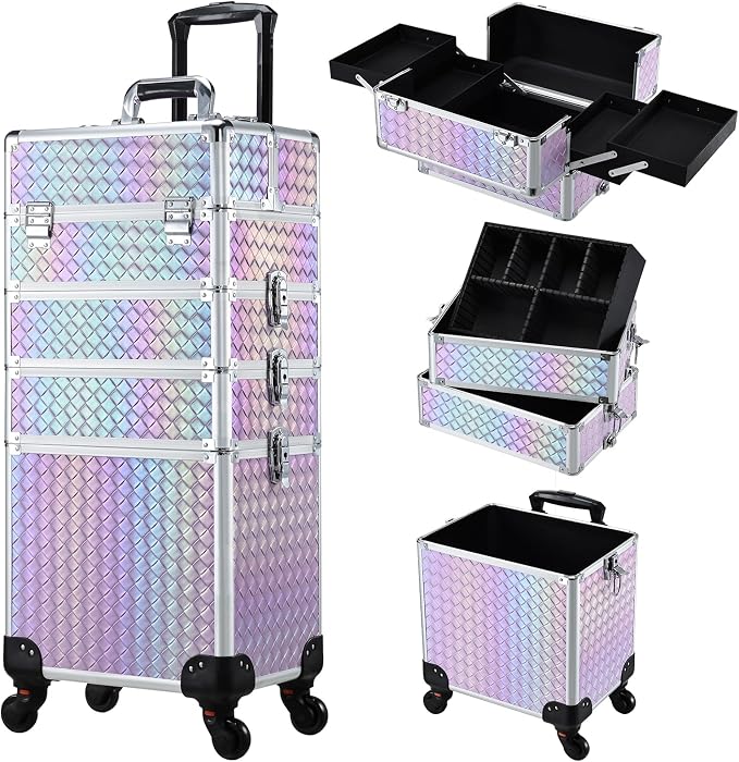 Stagiant Rolling Makeup Case Cosmetology Case on Wheels 4 in 1 Makeup Travel Case Extra Large Cosmetic Box with Key Make Up Artist Traveling Storage Nail Case Salon Barber Cart Trunk Pinkish Purple by Stagiant