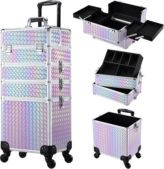 Stagiant Rolling Makeup Case Cosmetology Case on Wheels 4 in 1 Makeup Travel Case Extra Large Cosmetic Box with Key Make Up Artist Traveling Storage Nail Case Salon Barber Cart Trunk Pinkish Purple by Stagiant