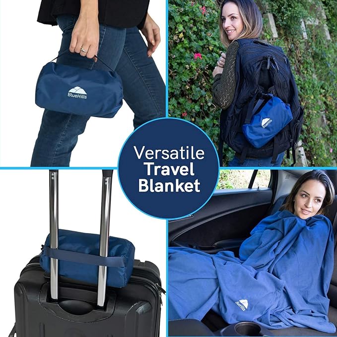 BlueHills Premium Ultra Compact Travel Blanket Pillow Airplane - Navy Blue | Travel Pillow/Blanket 70 X 56 Long, Luggage Belt & Backpack Clip, Portable Case, Must Have Airplane Essentials, Long Flights - Image 8