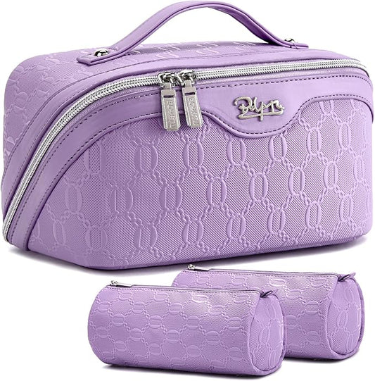 BOYATU Travel Makeup Bag for Women: Cosmetic Organizer Bag with Compartments - Leather Make up Bags Set of 3 (G-1-Purple) by BOYATU