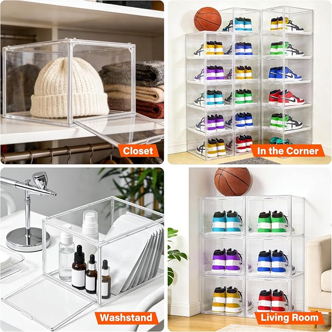 1 Pack Clear Acrylic Sneaker Boxes for Sneakers & High Tops,Fit Size 13 | 10.6 x 14.2 x 9.1 in deep narrow-front boxes for sneakers, athletic shoes and many high-top styles. Space saving storage - Image 7