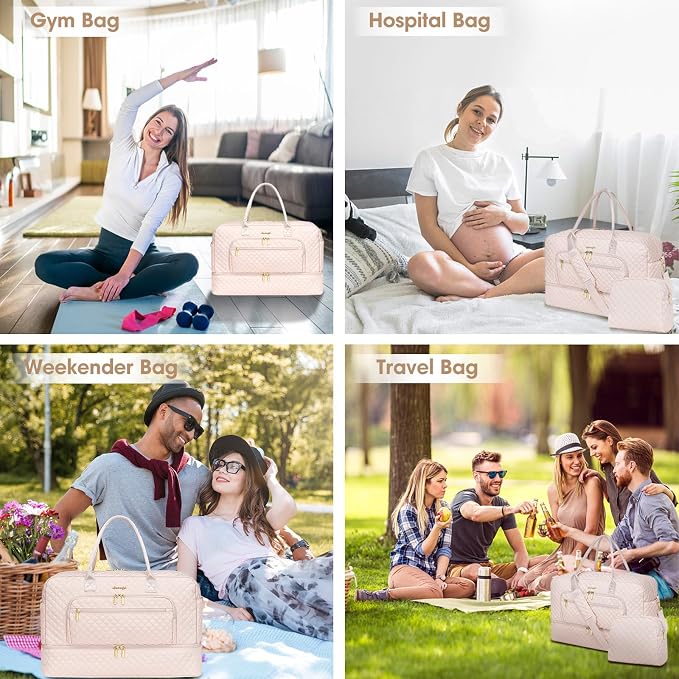 Large Women's Travel Duffle, Weekender with Shoe Compartment, Carry On Overnight Bag, Gym Duffel with Wet Pocket, Hospital Bags for Labor and Delivery 3 PCS Set - Image 6