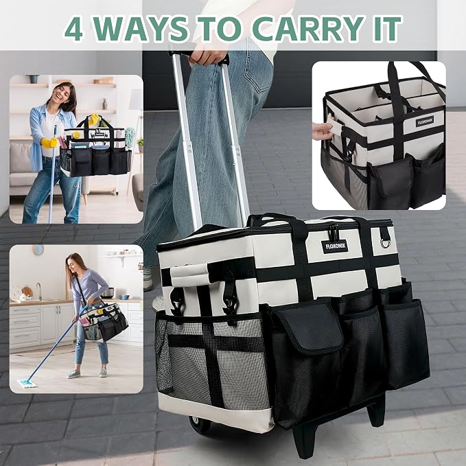 Large Rolling Cleaning Caddy Bag with Wheels, with Detachable Trolley, Cleaning Bags on Wheels for Housekeepers, Cleaning Cart Supplies Organizer for Home, Car, Picnic (Beige) - Image 3