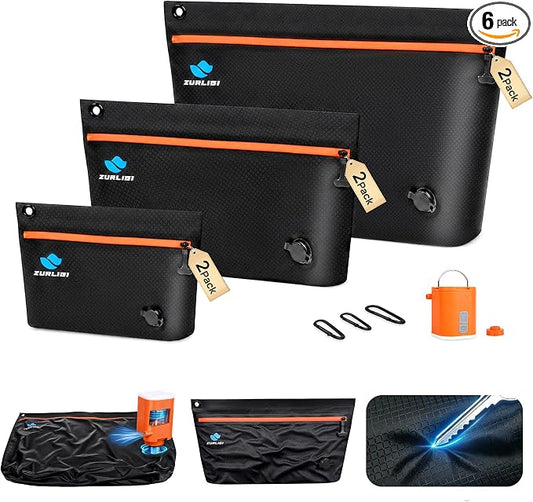 Zurligi Travel Vacuum Bags Kit with Pump, 6-Pack(S/M/L) for Underwear | Anti-rip Waterproof Vacuum Seal Bags with Detachable Carabiner for Bras, Socks, Toiletries and Carry-on Luggage & Travel Gear by Zurligi