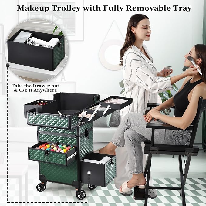 Joligrace Rolling Makeup Case with Drawers - Tattoo Storage Organizer Travel Cart for Nail Tech, Cosmetology, Barber Tools - Portable Suitcase on Wheels Dark Green - Image 2