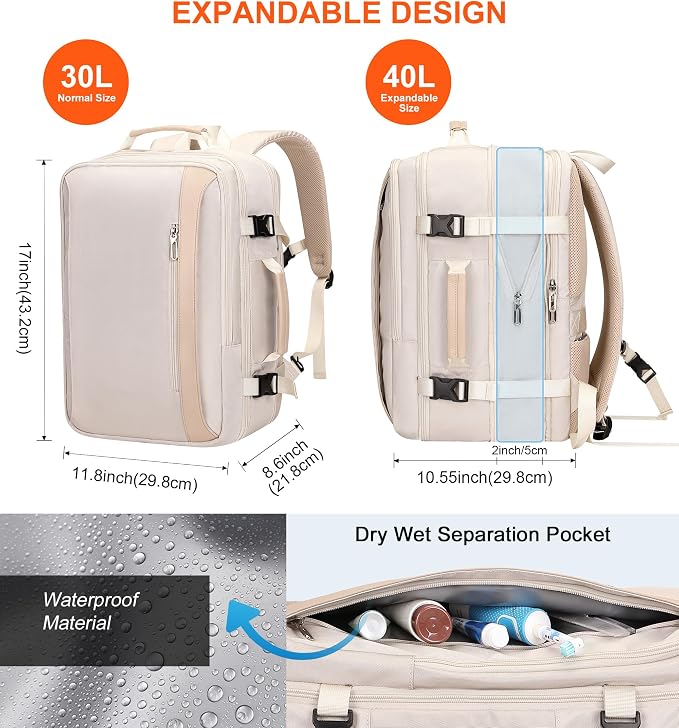 PIJUSHI Travel Backpack for Women, Fits 16" Laptop, Expandable 30L to 35L | Airline Approved Carry-on Luggage with Padded Laptop Compartment, USB Port, Wet Pocket, For Business, Commute - Image 2
