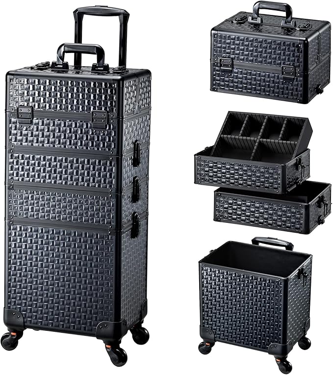 4 in 1 Rolling Makeup Trolley Train Case Cosmetic Suitcase Nail Tech Box for Makeup Artist, Hairstylists, Nail Tech Case with with Keys Swivel Wheels Traveling Trunk (Shiny Brick) by AdazzoRollingMakeupCase