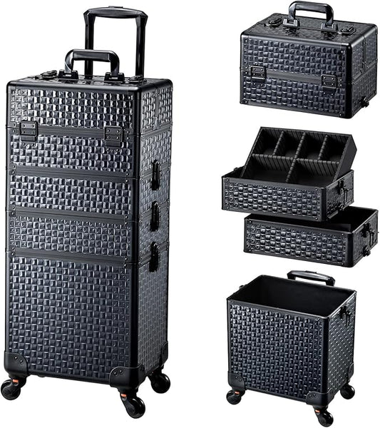 4 in 1 Rolling Makeup Trolley Train Case Cosmetic Suitcase Nail Tech Box for Makeup Artist, Hairstylists, Nail Tech Case with with Keys Swivel Wheels Traveling Trunk (Shiny Brick) by AdazzoRollingMakeupCase