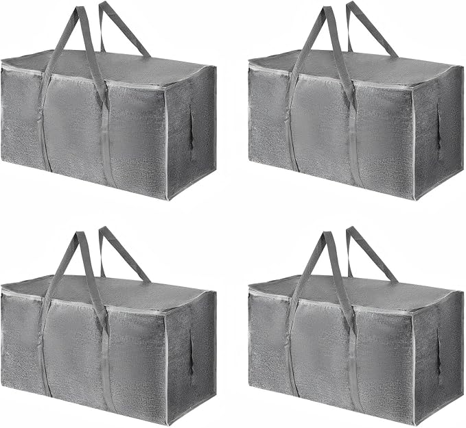 4 Pack-Extra Large Heavy Duty Moving Bags - Waterproof Storage Totes with Handles & Zippers, Foldable for College Dorm, Storage (Gray) by Unknown