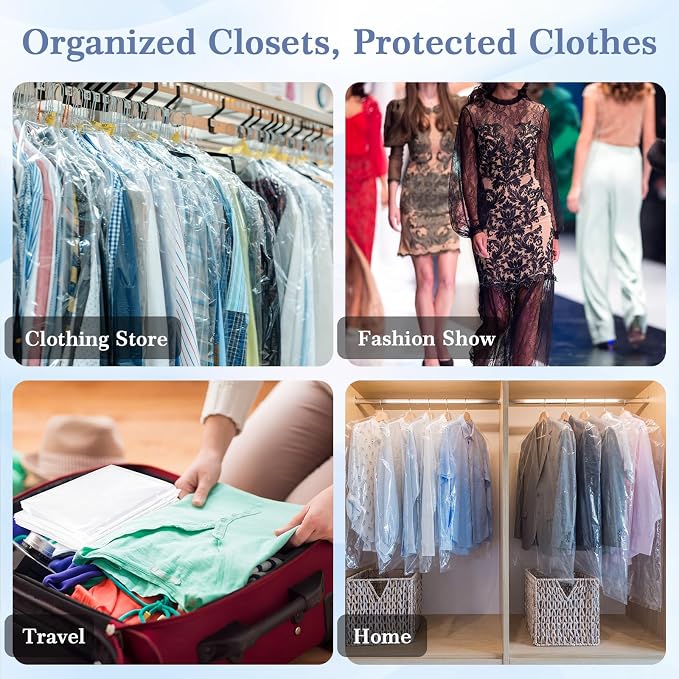 200 Packs Garment Bags for Hanging Clothes, 35"/40"/60"/70" Clear Plastic Dry Cleaner Bags for Shirt, Long Dress, Coat, Closet Storage, Waterproof Dustproof Suit Covers for Closet Travel Moving - Image 7
