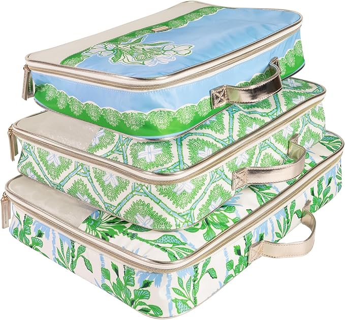 Lilly Pulitzer Packing Cubes Set of 3, Swayin in the Breeze | Resort Ready Polyester & Mesh Suitcase Luggage Organizers in 3 Sizes with Metallic Leatherette Trim & Handles for Travel by Unknown