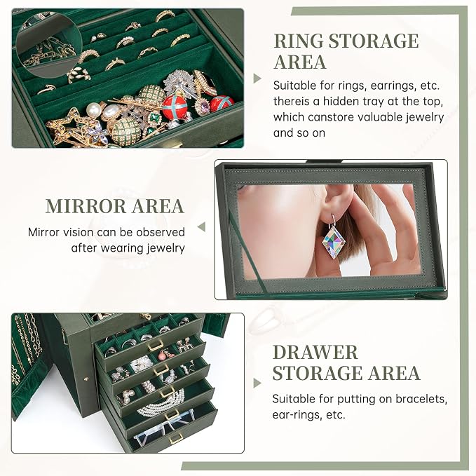AKOZLIN 6-Tier Jewelry Box Organizer Functional 5 Drawers Leather Jewelry Storage Case for Women Girls Ring Necklace Earring Bracelet Holder Organizer with Mirror Extra Large Darkgreen - Image 2