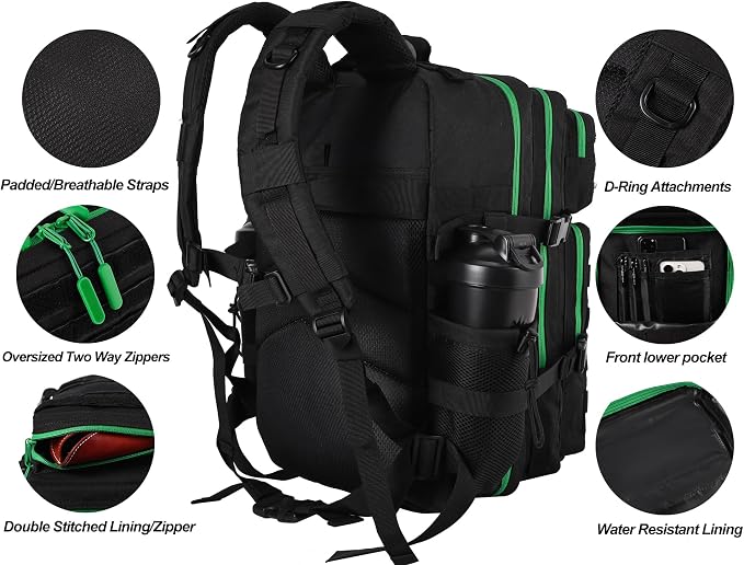 LHI Military Tactical Backpack for Men and Women 45L Army 3 Days Assault Pack Bag Large Rucksack with Molle System - Black with green zipper - Image 4