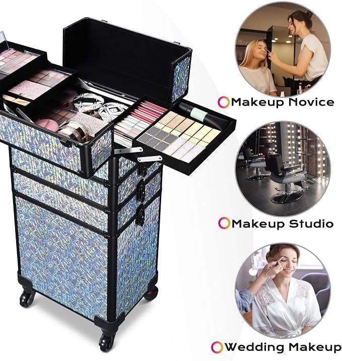 BYOOTIQUE Rolling Makeup Case 4in1 Cosmetology case on wheels Makeup Artist | Aluminum Rolling Makeup Suitcase 360° Detachable Wheel Lockable 54Lb Large Capacity Organizer Nail Tech Mermaid Silver - Image 2