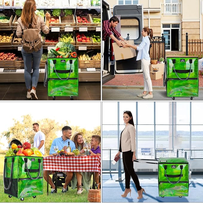 Reusable Grocery Bag On Wheels, 70L Foldable Rolling Tote Bag with Pockets & 3-Way Carry, Zippered Top, Heavy Duty Handle, Collapsible Shopping Cart for Grocery Camping Moving, Medium Gradient Green - Image 7